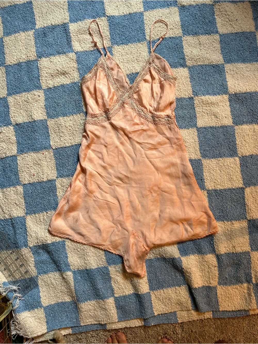 1940s Silk Lace-Trim Slip Romper in Peach